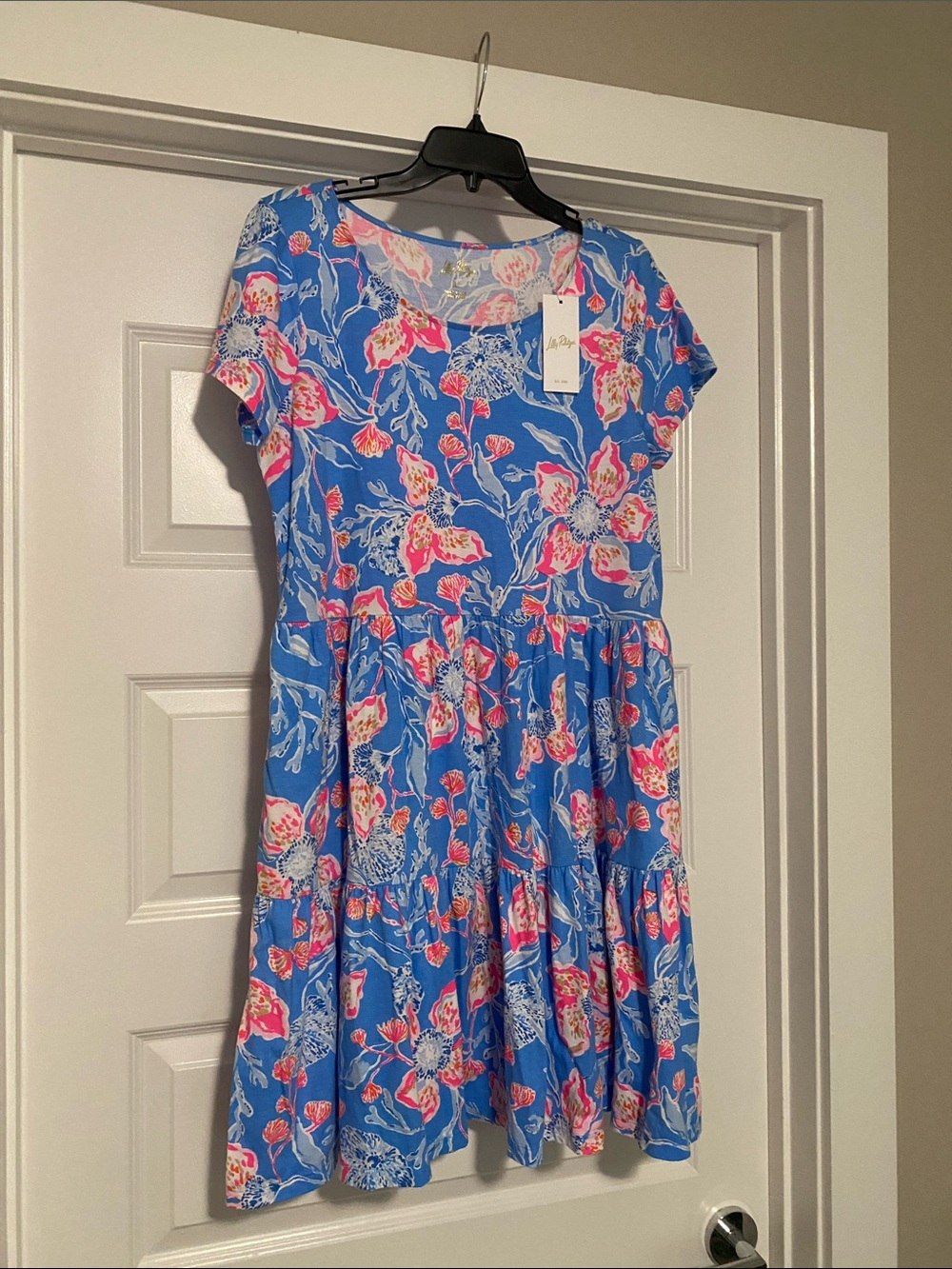 Lilly Pulitzer Blue Floral Tiered Dress with Pink and White Blooms